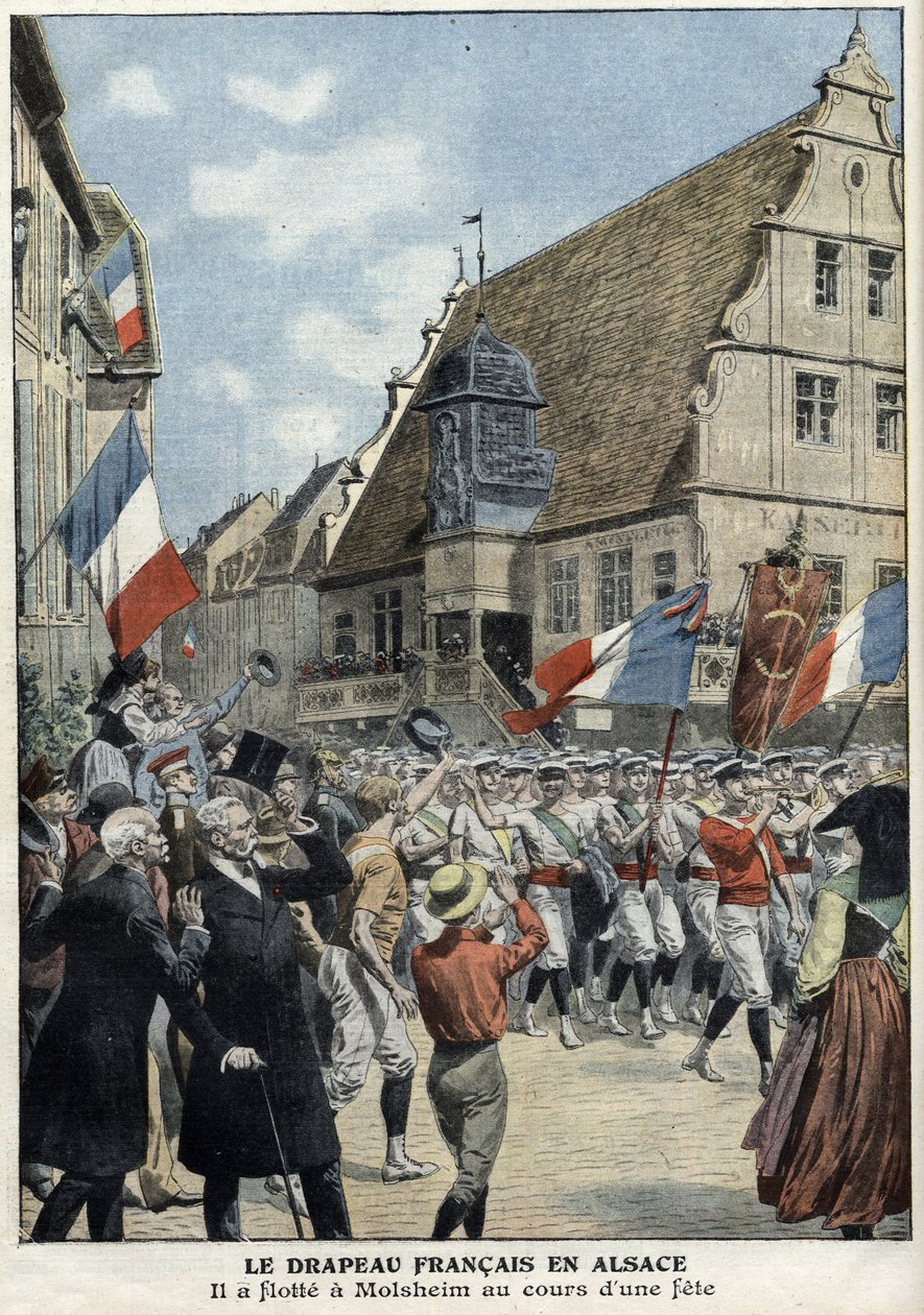 Francouzská vlajka opět vlaje v ulicích Molsheimu v Alsasku během sportovního veletrhu v „Le Petit Journal“ 4. července od French School