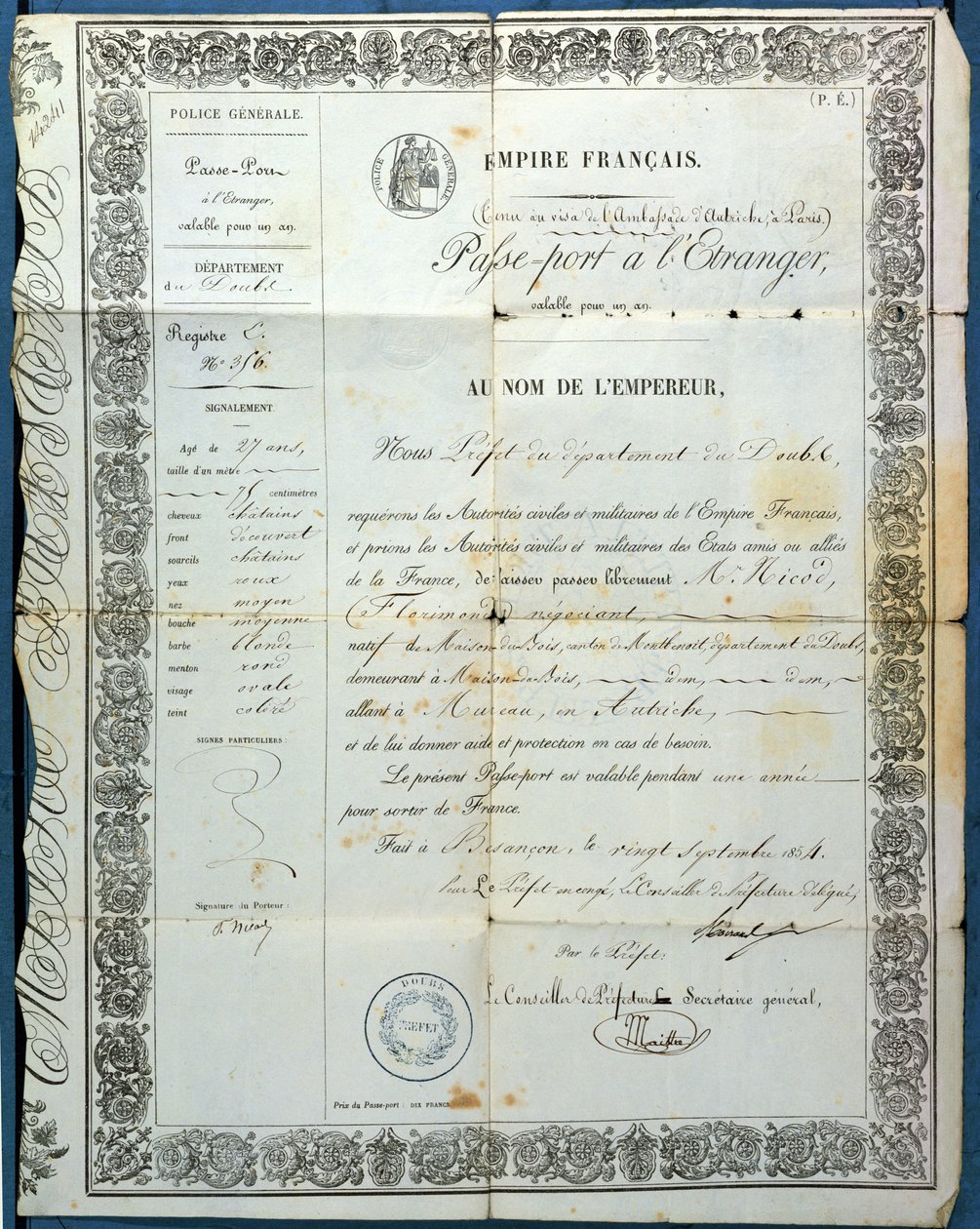 Francouzský pas z Besanconu, 20. září 1854. od French School