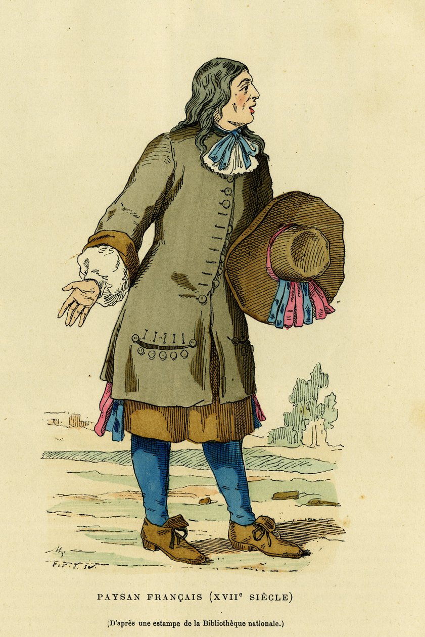 Francouzský selský kroj v 18. století. Barevná rytina podle tisku národní bibliotéky ve „Francie et les francais a travers les století“ od Augustina Challamela, editora F. Roye, Paříž 1882. Selva Collection. od French School