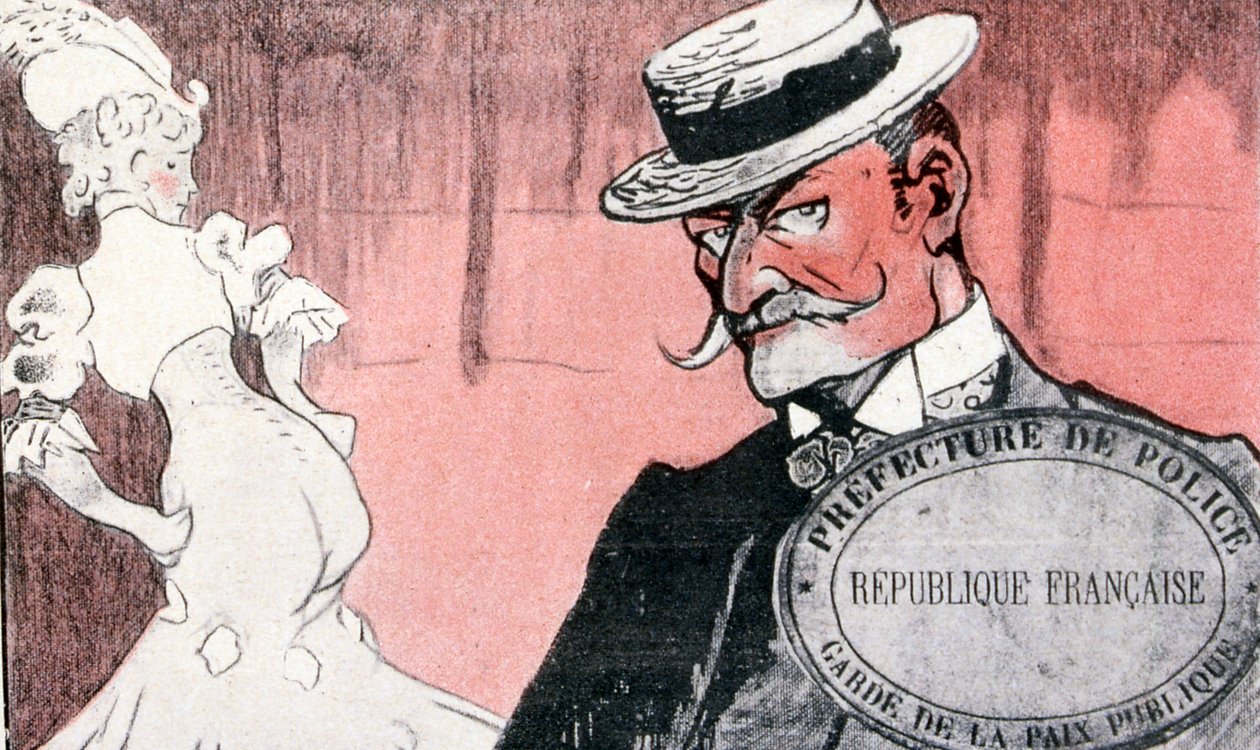 Francouzská policie zkoumala prostitutku, než ji zatkla. Francie 19. století. Francouzská ilustrace 1890 od French School