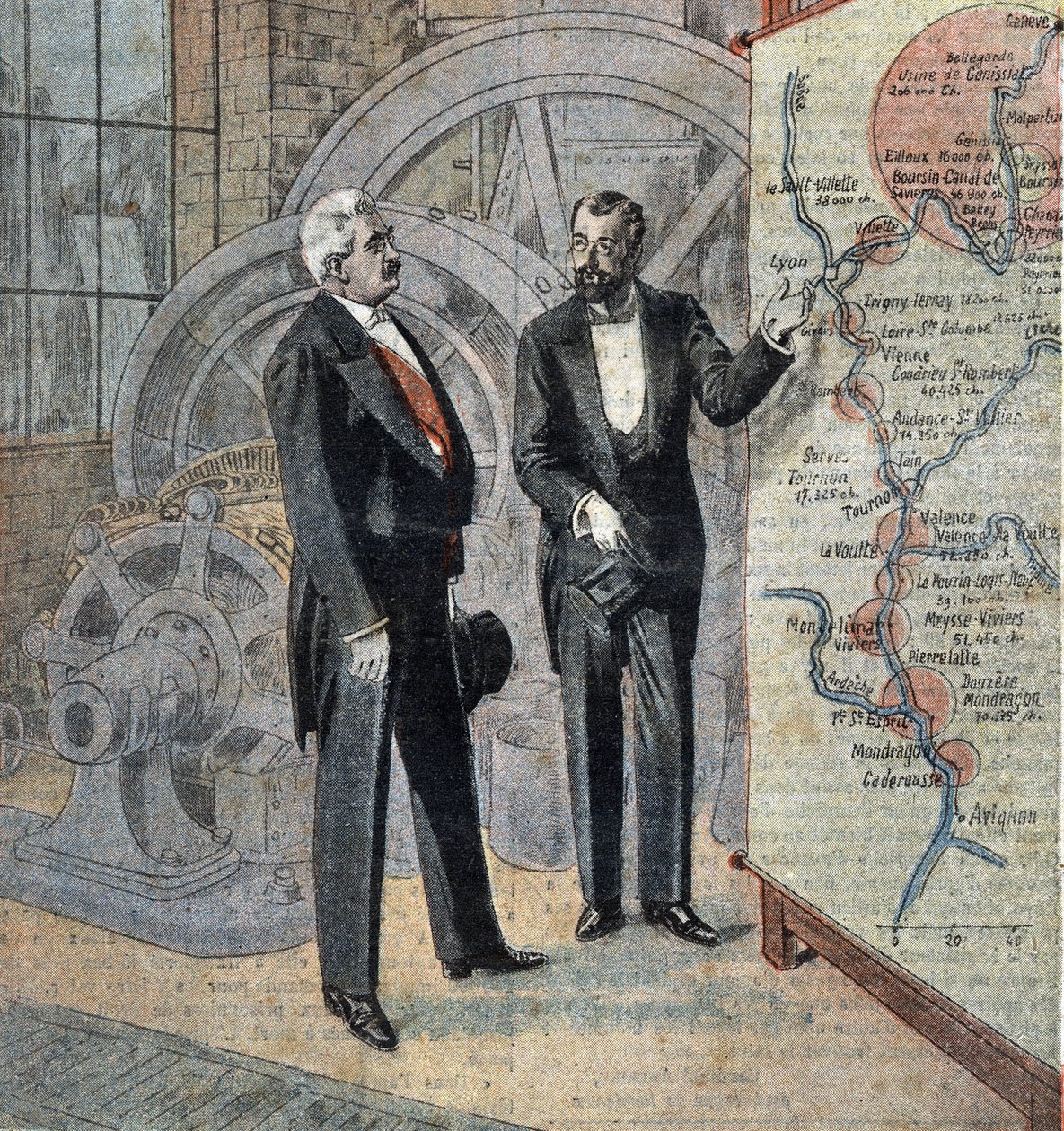 Francouzský prezident Millerand a inženýr, který plánuje výstavbu vodních elektráren na řece Rhôně Ilustrace z časopisu "Le pelerin", duben 1921. od French School
