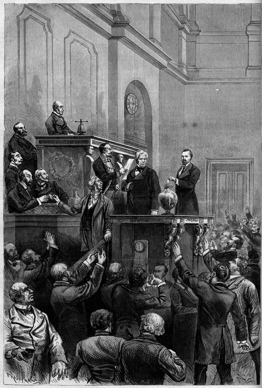 Francouzské prezidentské volby, 30. ledna 1879: po rezignaci Mac Mahona (Mac-Mahon) poslanci parlamentu odhlasovali volbu nového prezidenta republiky. Rytina představuje Julese Armanda (Jules-Armand) Dufaure (1798-1881) při vkládání hlasu od French School
