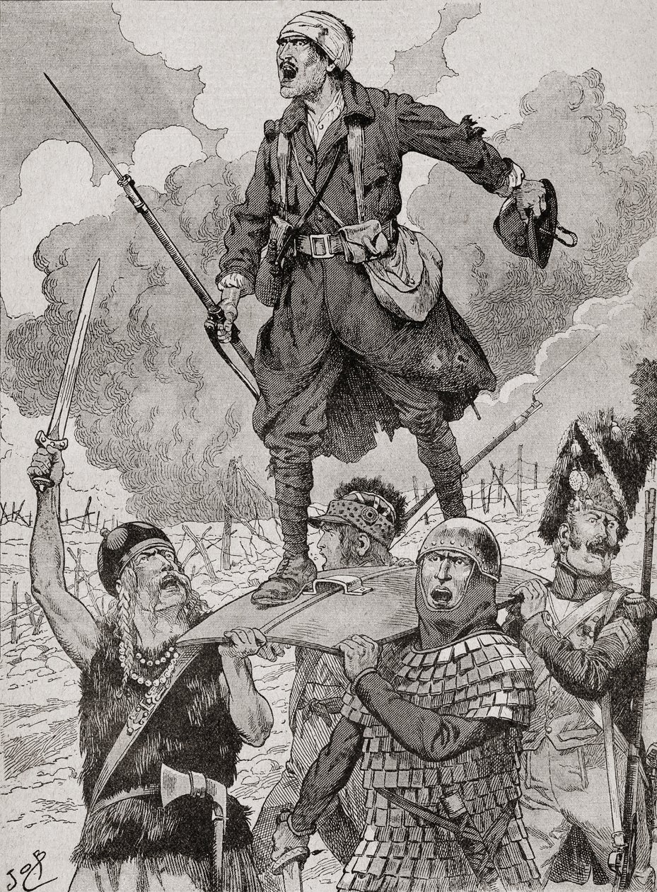 Francouzský propagandistický plakát s názvem „Na Les Aura“, aneb My je budeme mít. Čtyři vojáci z různých historických období nesou na štítu zraněného, ale vzdorného vojáka z první světové války. Z Agenda Buvard du Bon Marche publikované v roce 1917. od French School