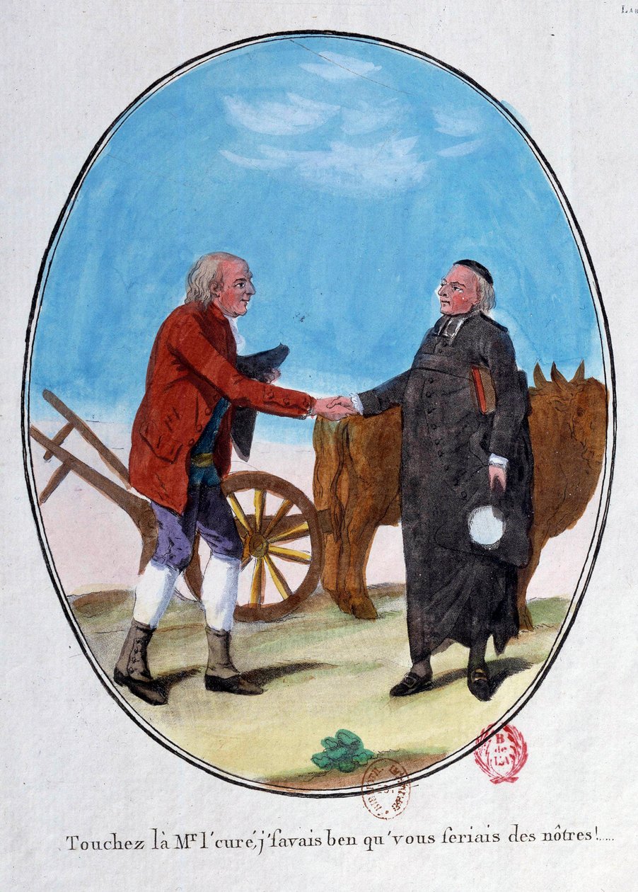 Francouzská revoluce: rolník a kněz si podávají ruce. "Dotkněte se toho pána, věděl jsem, že budete jedním z nás." Kreslená rytina z konce 18. století. Paříž, Knihovna Arsenalu od French School