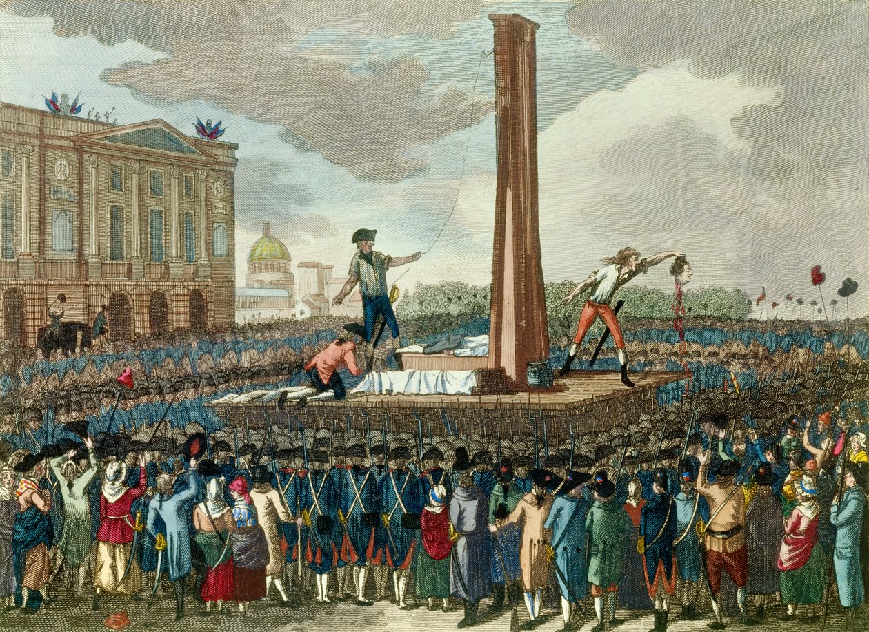 Francouzská revoluce: poprava krále Ludvíka XVI. (1754-1793) gilotinou, kat ukazuje jeho useknutou hlavu. Rytina podle Fiousovy kresby. 18. století. Paříž, Musee Carnavalet od French School