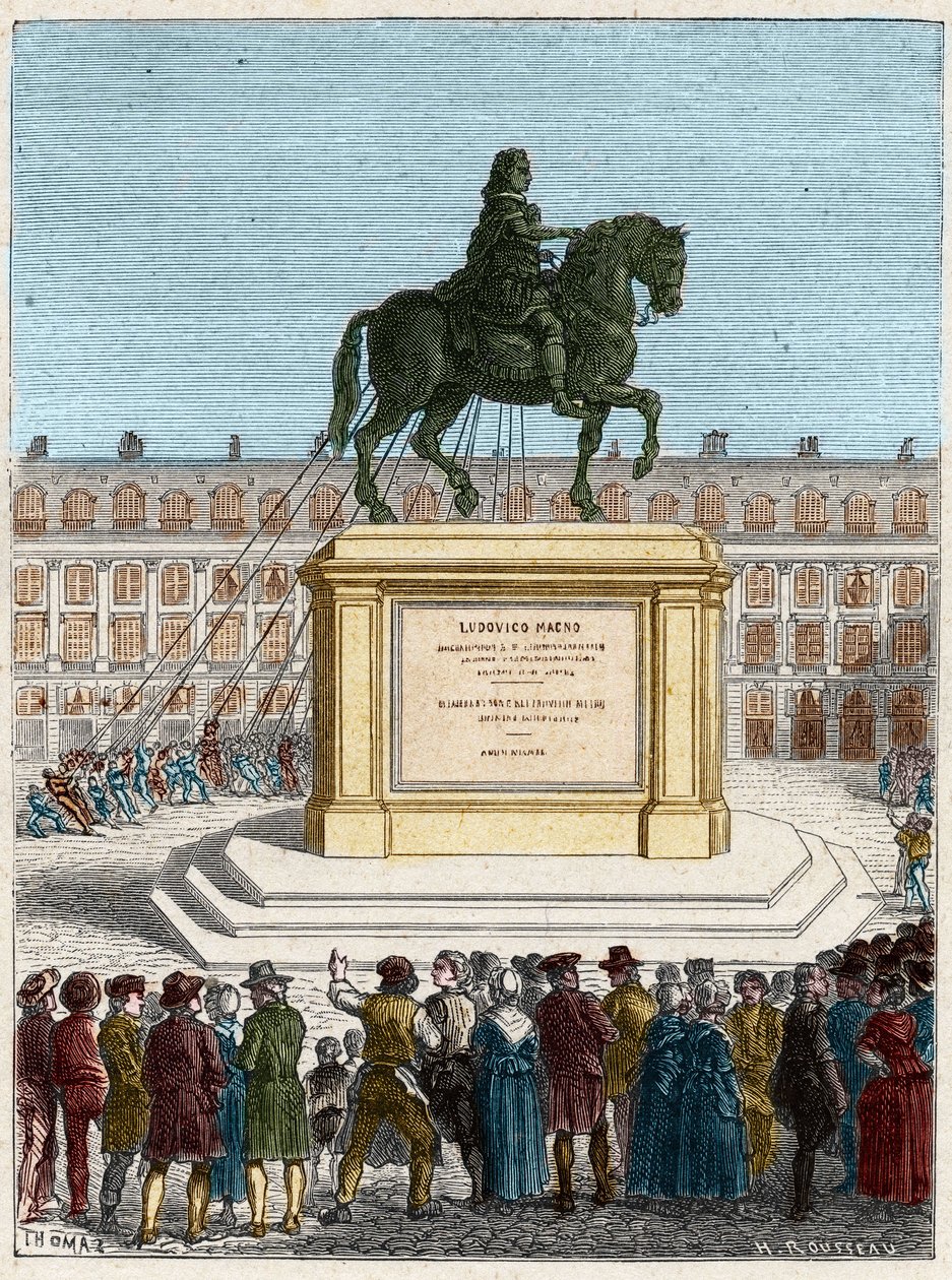 Francouzská revoluce: svržení sochy krále Ludvíka XIV. (1643-1715), Place Vendome v Paříži od French School