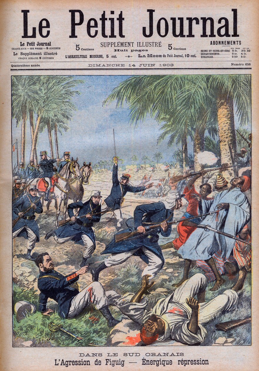 Francouzští vojáci útočící na marocké bandity ohrožující jejich zájmy v Sud Oranais, Alžírsko, v oáze Figuig, Maroko - periode du protectorate francais L