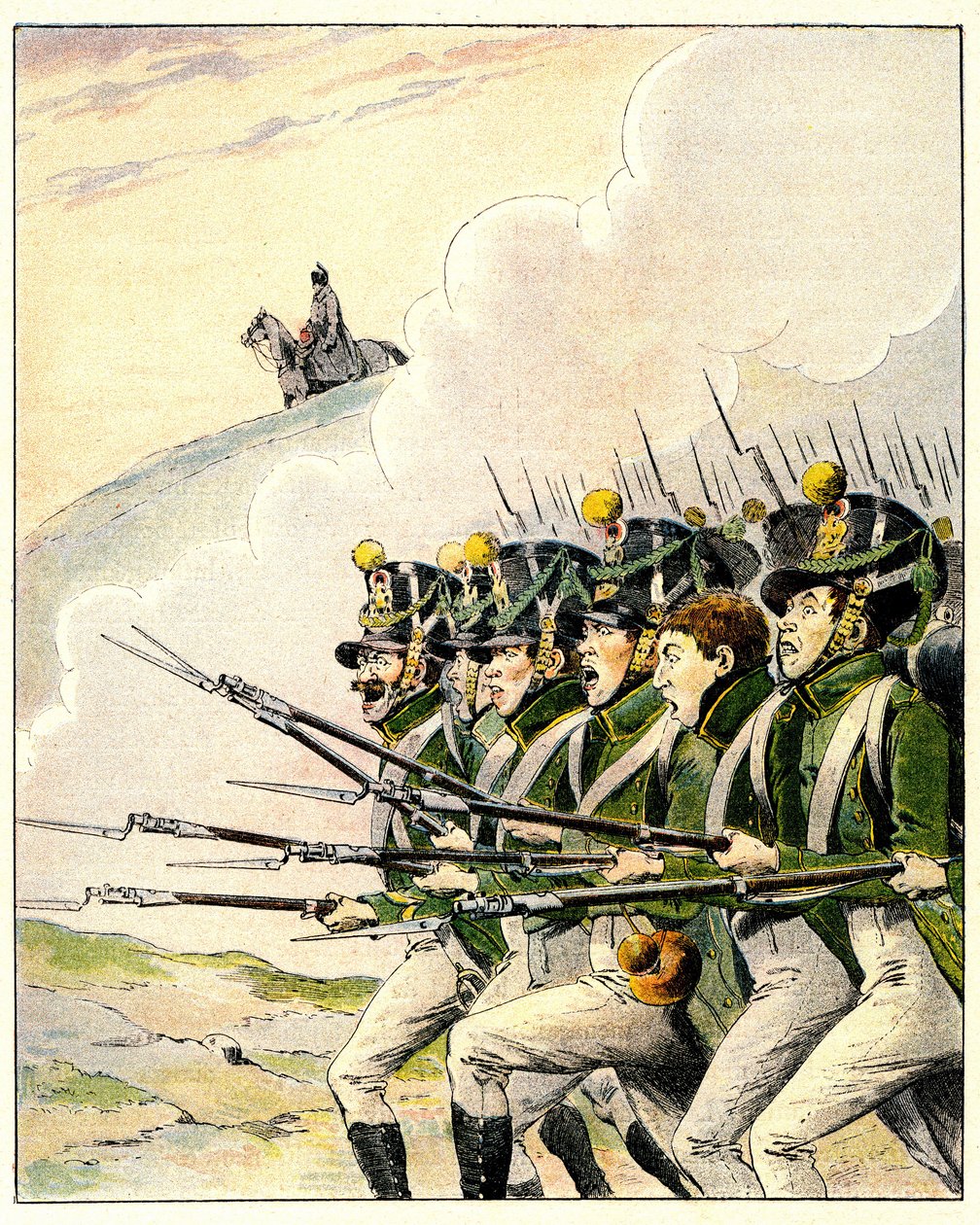 Francouzští vojáci během bitvy u Waterloo (barva litho) od French School