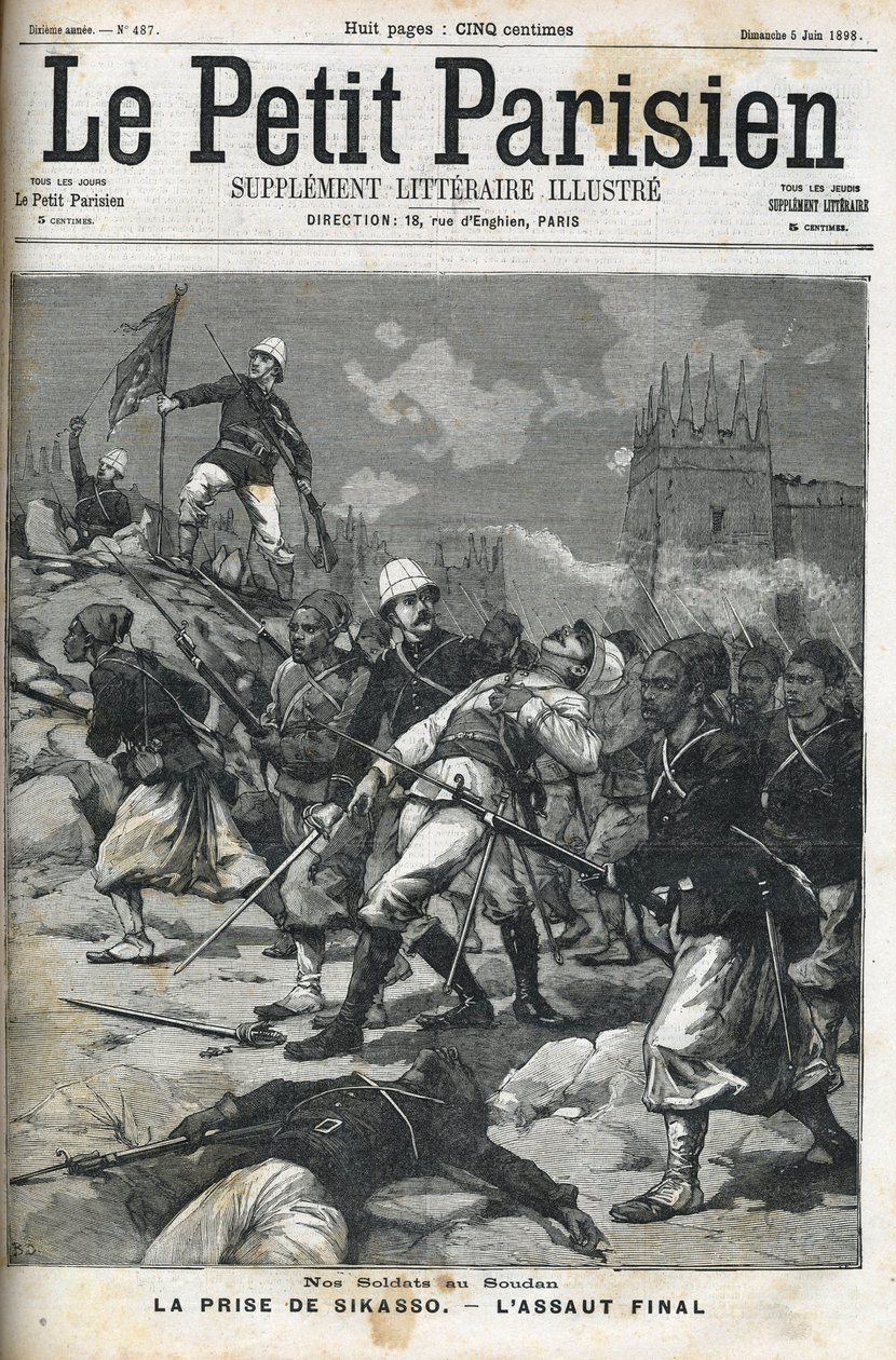 Francouzští vojáci v Súdánu: květen 1898. Plukovník Audeoud (Súdán) vyhodil Sikasso. Zajetí Sikasso. Obálka „“Le petit parisien“““ z června 1898. od French School