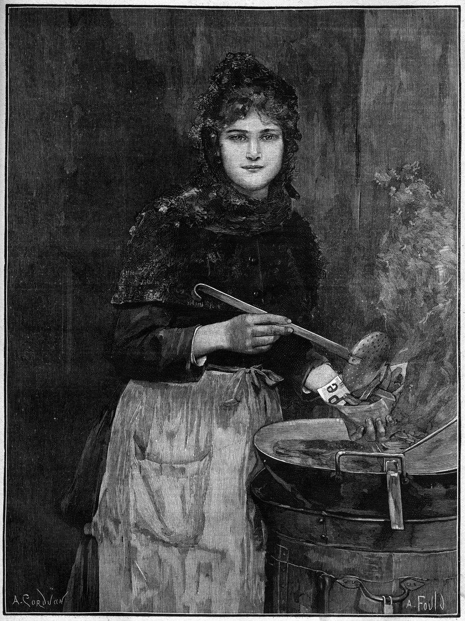 Obchodník se smaženými bramborami; 1888 rytina z obrazu Achilla Foalda. od French School
