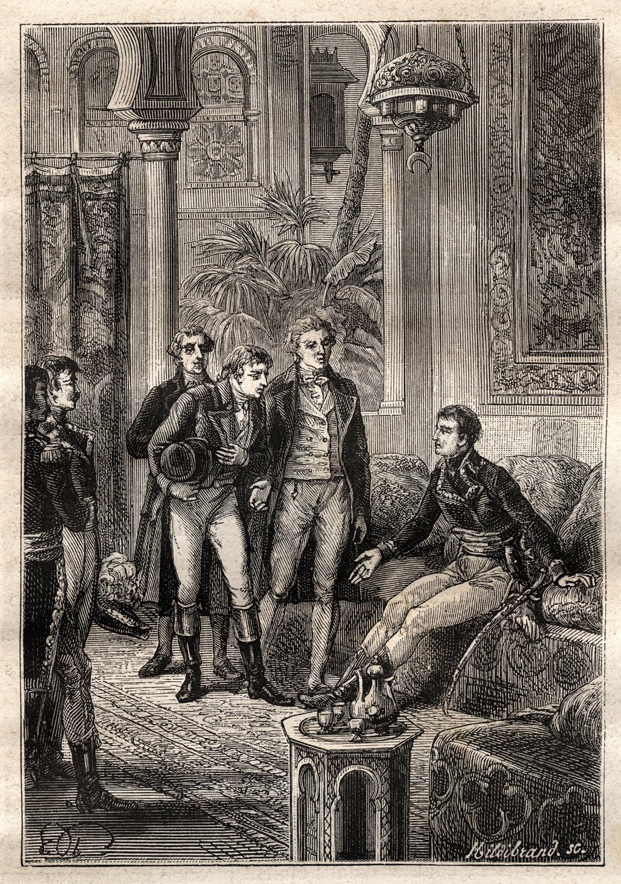 Friedrich Konrad Hornemann (1772-1801) se setkal s Napoleonem Bonapartem v Káhiře v roce 1797 za přítomnosti Gasparda Monge (1746-1818) a Clauda Louise Bertholleta (1748-1822) - ilustrace převzata z „The Great Mariners of the 18th century“ od French School