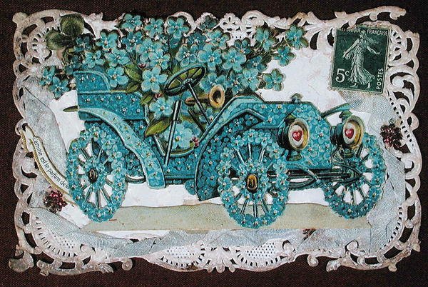 Přání o přátelství zobrazující auto pokryté květinami, začátek 20. století (barva lito)_ od French School