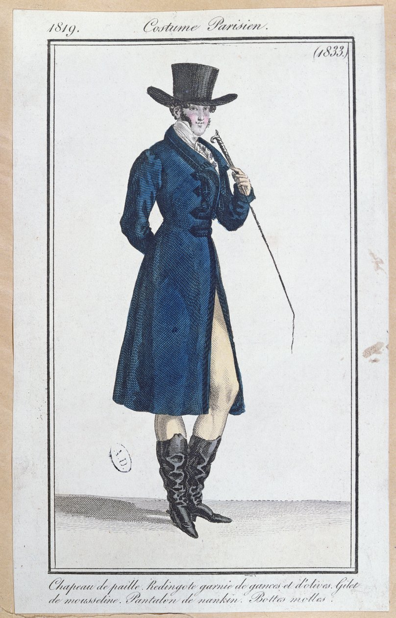 Frock kabát se slaměným kloboukem, nankeenové kalhoty a měkké boty, 1819 od French School