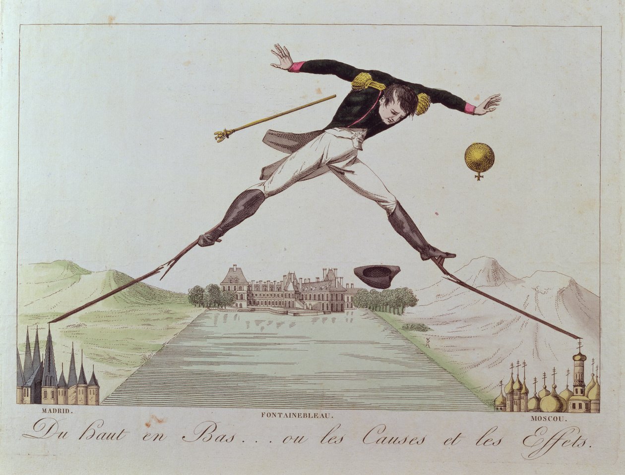 Od vysokého k nízkému... aneb Příčiny a následky, karikatura Napoleonovy zahraniční politiky, kolem roku 1814 od French School