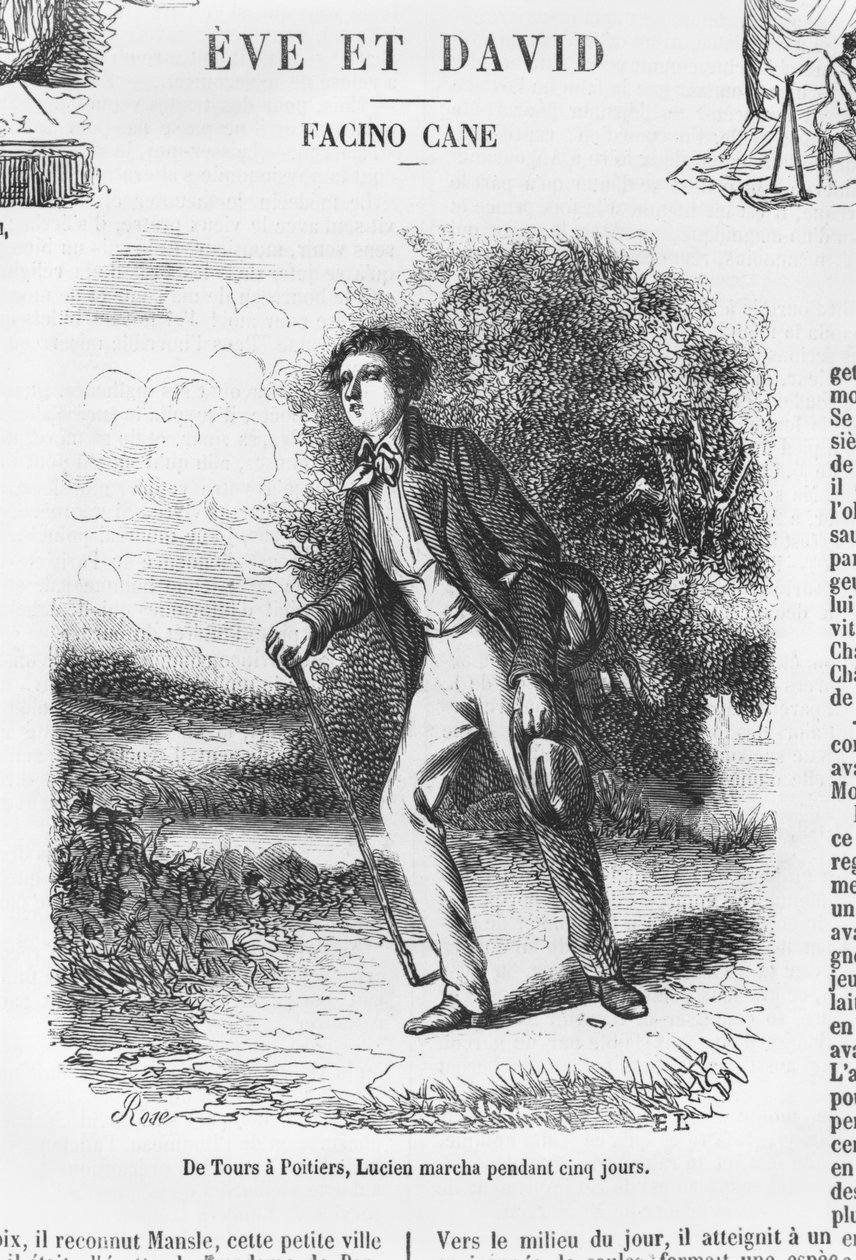 Z Tours do Poitiers, Lucien de Rubempre šel pět dní, ilustrace z „Les Illusions perdues“ od Honore de Balzaca od French School