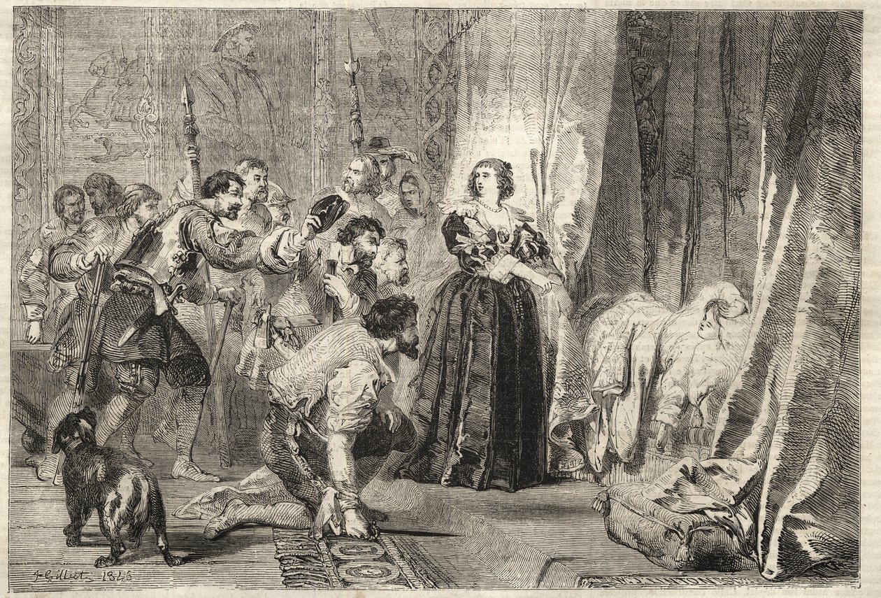 Fronda - Lidé chtějí vidět krále: Paříž, Královský palác, 9. února 1651 - Fronda: v noci 9. února 1651 v Královském paláci Anna Rakouská (1601-1666) ukazuje Ludvíka XIV., známého jako Le Král Soleil (král Soleil nebo Ludvík Veliký od French School