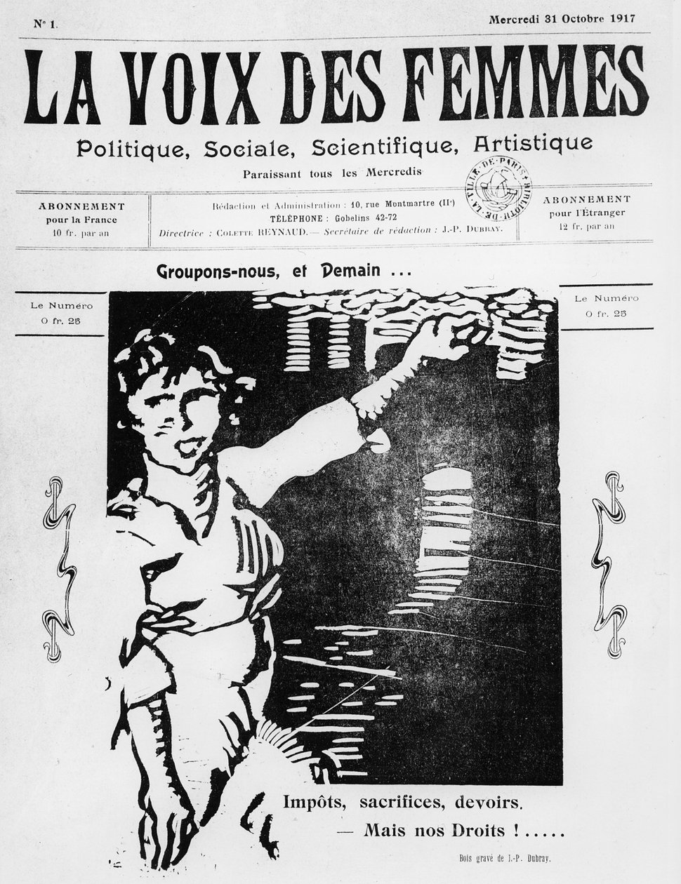 Přední strana obálky La Voix des Femmes, vydaná v Paříži, říjen 1917 (tištěný papír a dřevoryt) od French School