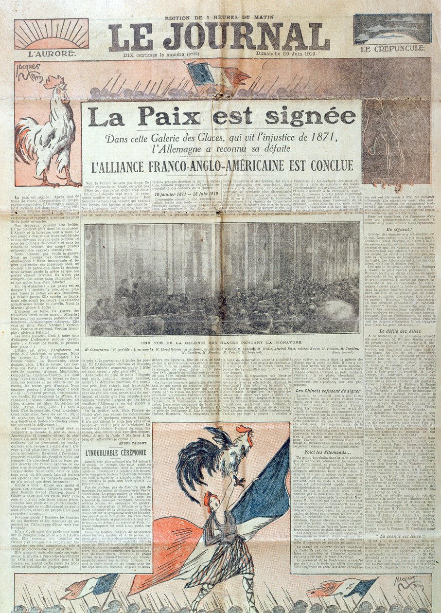 Titulní strana Le Journal oslavující podepsání Versailleské smlouvy 28. června 1919, 29. června 1919 od French School
