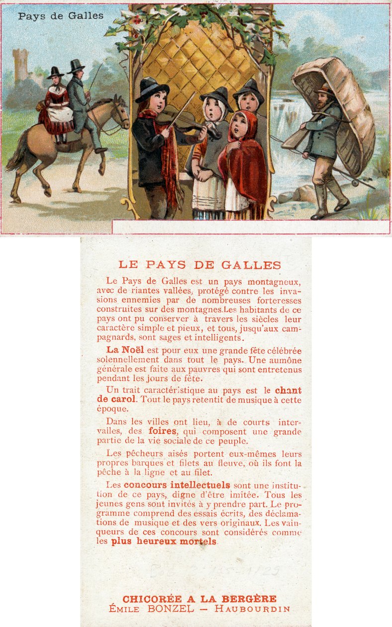Přední a zadní strana propagační karty na nápoj Chicorée à la Bergère s vyobrazením života ve Walesu, kolem roku 1890 (viz také 488433) od French School