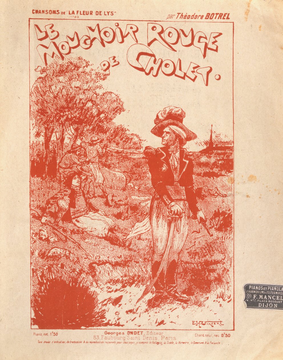 Přední strana obalu pro hudbu k písni Le Mouchoir Rouge de Cholet, kterou napsal a složil Theodore Botrel od French School