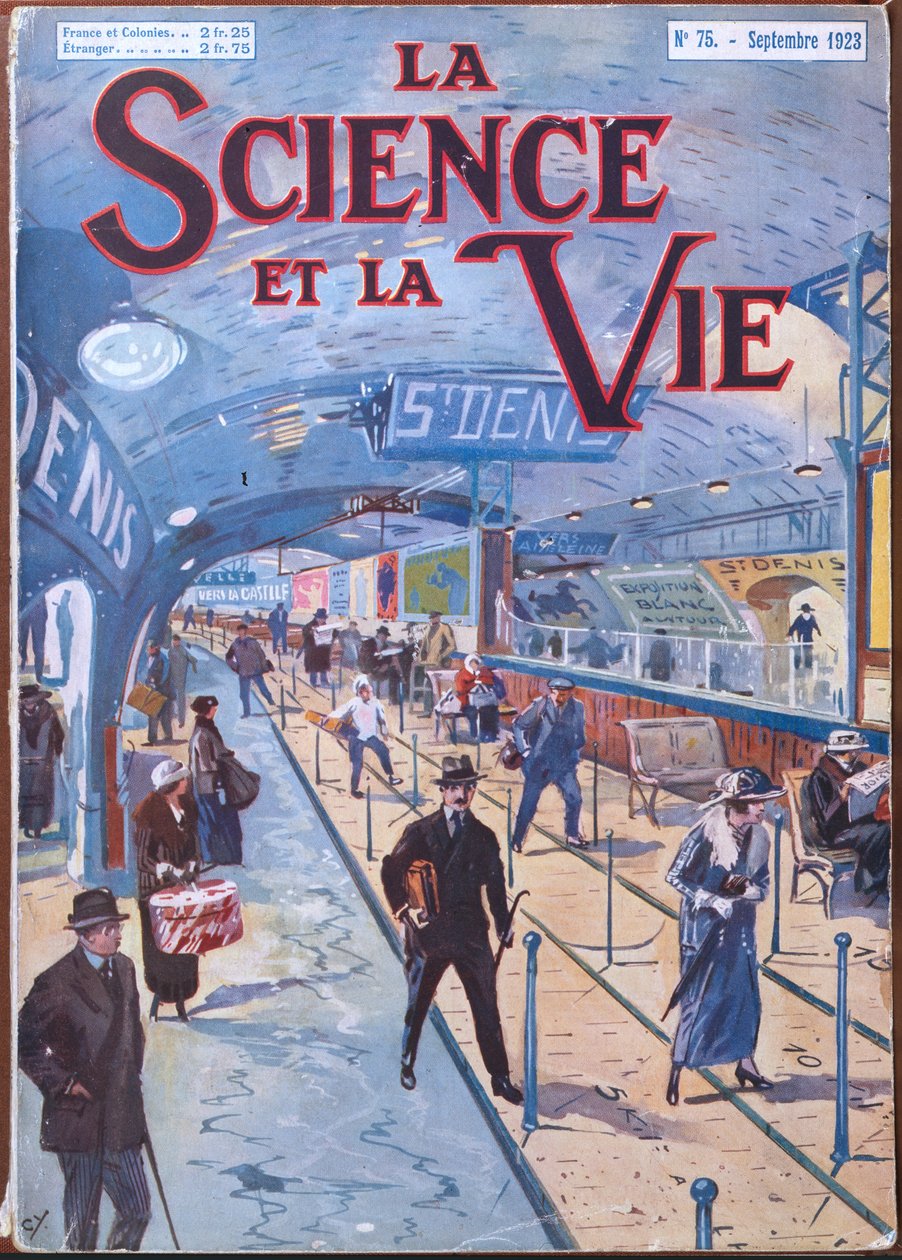 Přední strana obálky „La Science et la Vie“ ilustrující projekt pohyblivého chodníku v pařížském metru, září 1923 (barevně lito) od French School