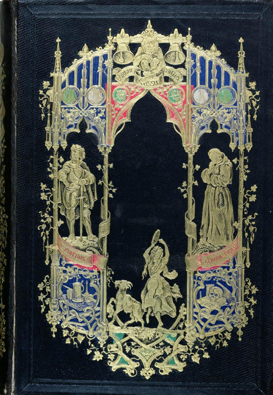 Přední strana edice Notre-Dame de Paris od Victora Huga (1802-85) vydané nakladatelstvím Editions Perrotin, Paříž, 1844 (kůže a zlato) od French School
