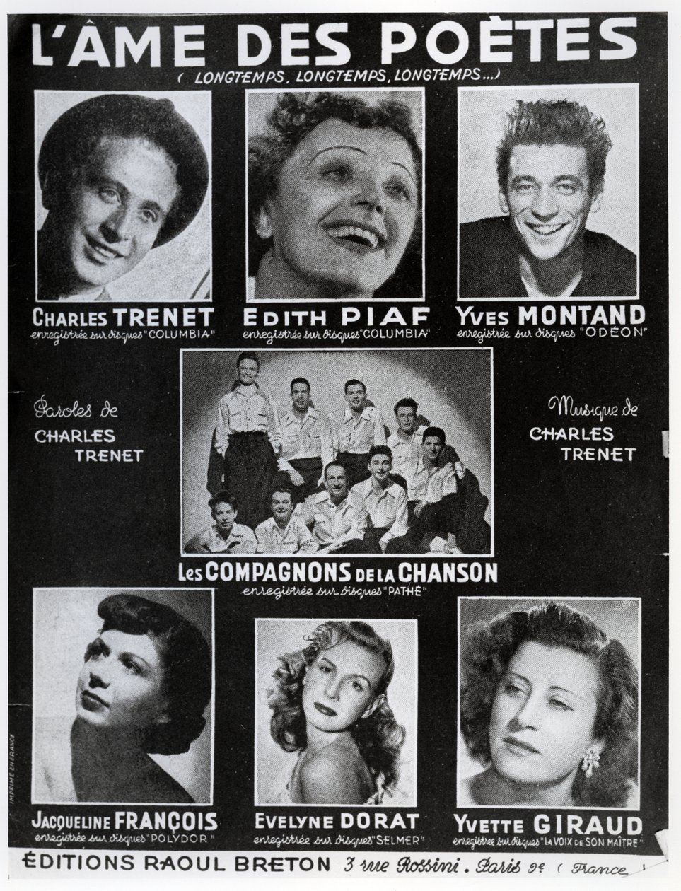 Přední strana obálky partitury písně LAme des Poetes se slovy a hudbou Charlese Treneta, vydané v Paříži nakladatelstvím Editions Raoul Breton od French School