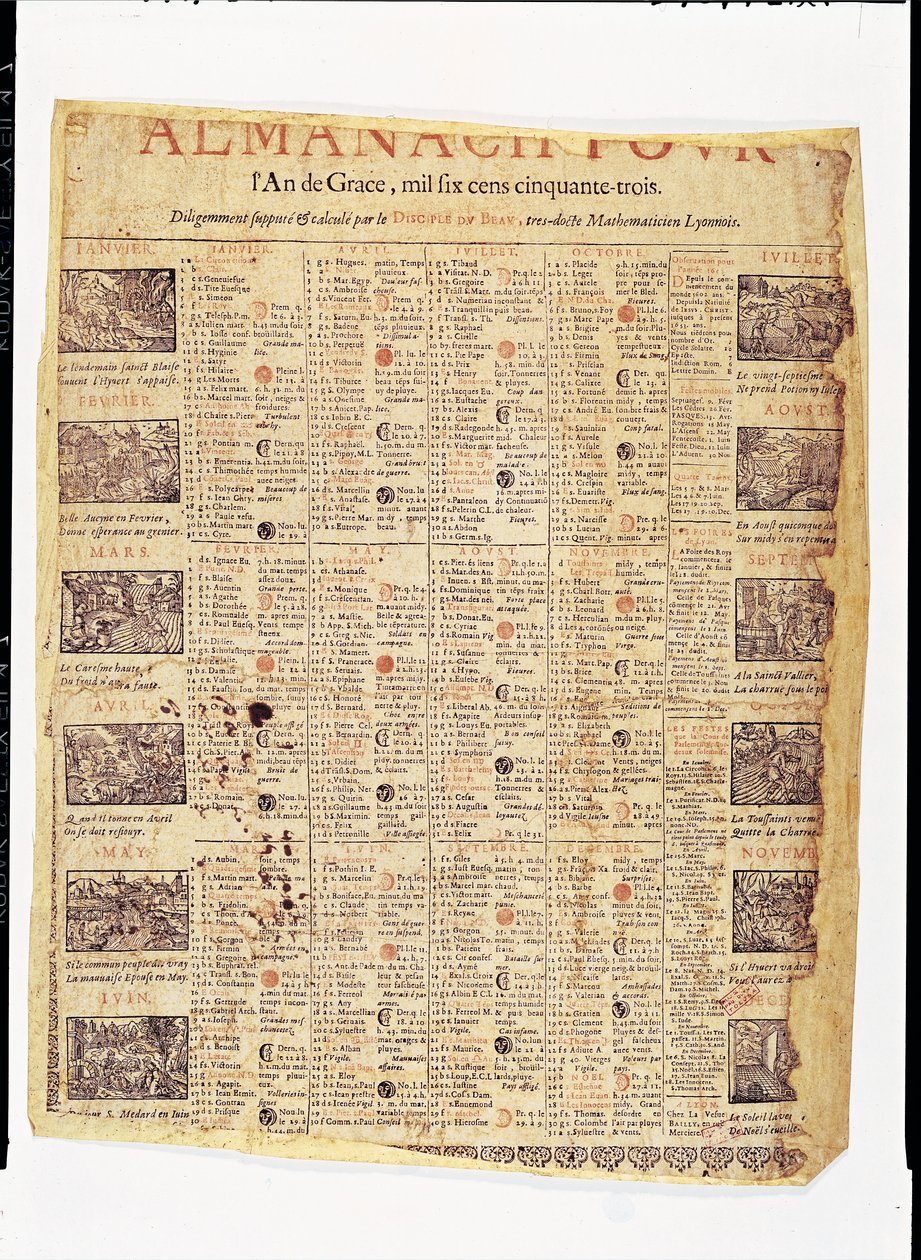 Přední strana almanachu za 1653 (inkoust na papíře) od French School