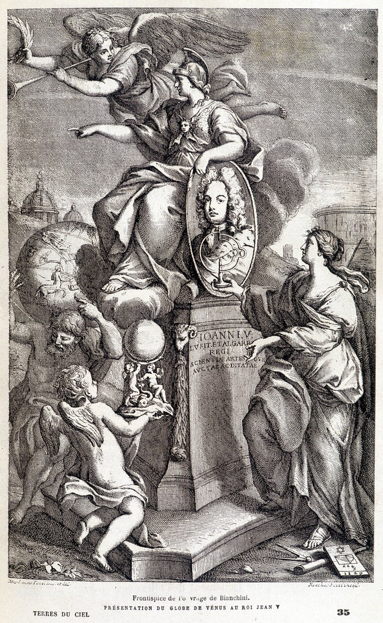 Frontispis Bianchiniho díla o Venuši (cca 1727) - in "Les terres du ciel" Camille Flammarion, ed. Marpon  Flammarion, Paris od French School