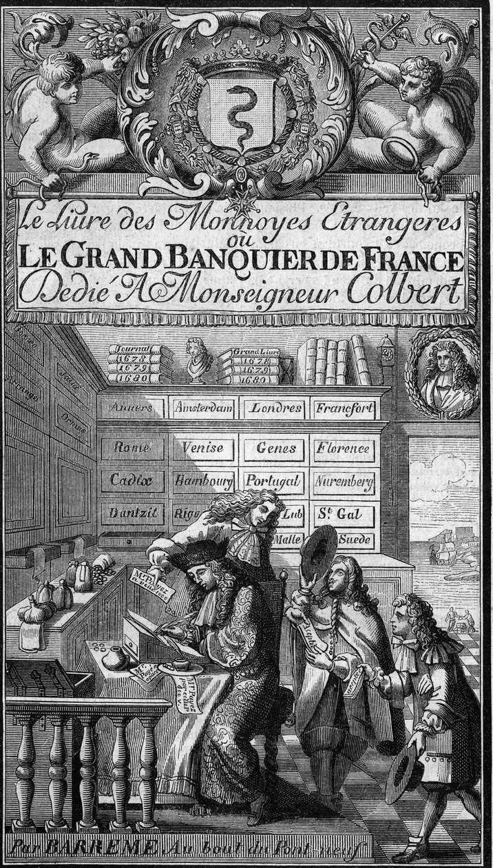 Frontispis „Knihy cizích měn aneb velký bankéř Francie“ (1687) od Francoise Barremeho (1638-1703), francouzského matematika. Postava psací perem je pravděpodobně portrétem autora. Gravírování v „“The Picturesque Store““ od French School