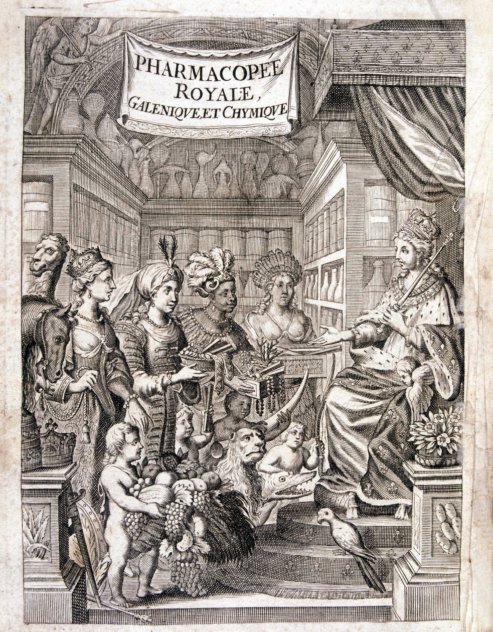 Frontispice of “” Pharmacopoeia royal, galenic and chymic”” od Morse Charase, lékárna v Královské zahradě rostlin v Laurent d