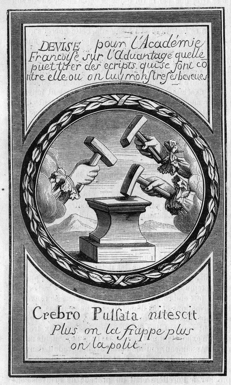 Frontispice „Factums“ proti Francouzské akademii od Antoina Furetiera (1619-1688). Rytina z roku 1860. od French School
