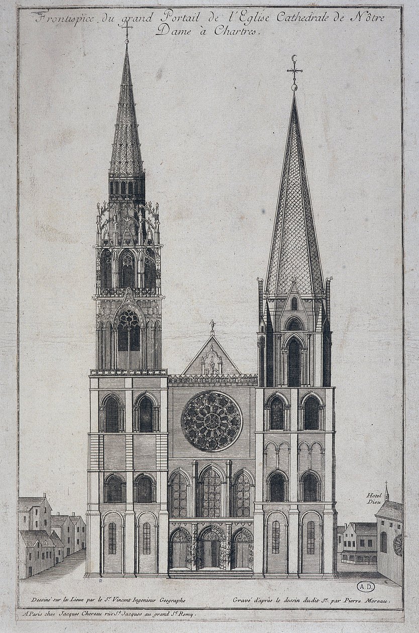 Frontispice velkého portálu kostela Cathedrale de Notre Dame à Chartres, navržený přímo na místě geografem Saint Vincentem, sd. 19. století od French School