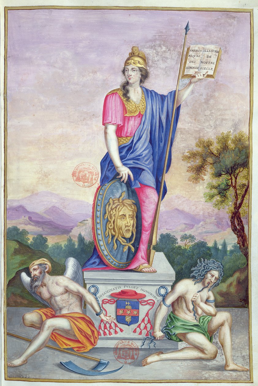 Frontispisová alegorická ilustrace bohyně Minervy z Les Panegyriques des Hommes Illustres de Notre Siecle od Puget de la Serre, 1655 od French School