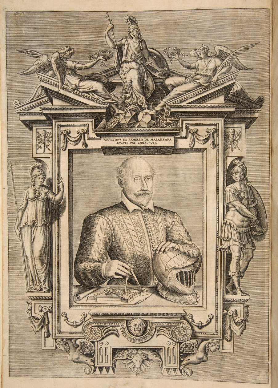 Frontispiece, od The Diverse Et Artificiose Machine od kapitána Agostina Ramelliho, hospoda. 1588 Engra od French School