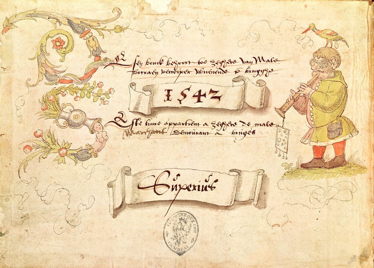 Frontispis z Recueil de chants religieux et profanes IX zobrazující obrýleného muže hrajícího na dechový nástroj s ptákem na hlavě, 1542 od French School