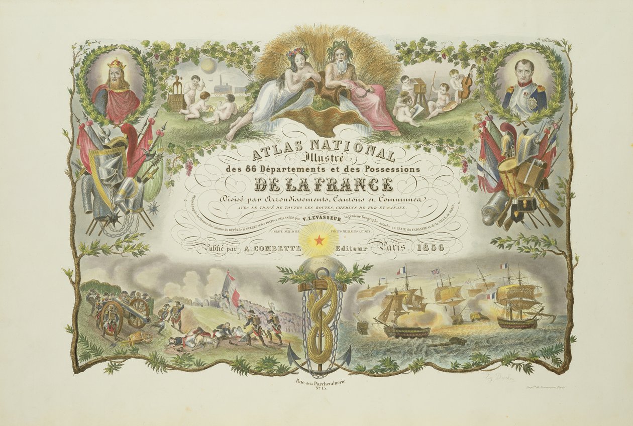 Frontispis Atlas Nacional Illustre des 86 Departments et des Possessions de la France, od Victora Levasseura 1856 (ručně kolorovaná rytina) od French School