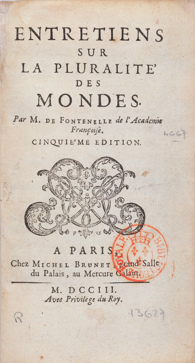 Frontispis knihy Entretiens sur la Pluralite des Mondes, kterou napsal Bernard Le Bovier de Fontenelle (1657-1757) a která byla vydána v roce 1773. od French School