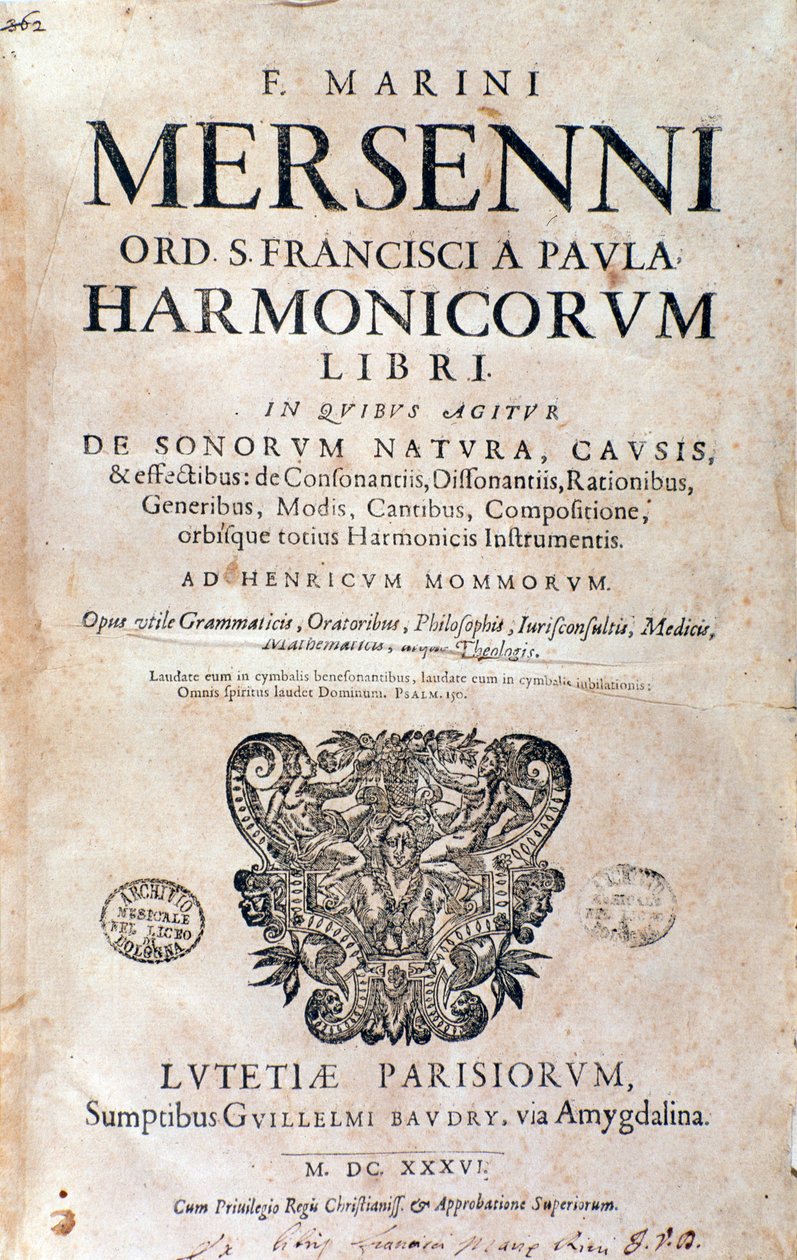 Frontispis knihy Harmonie universelle od Marina Mersenna od French School
