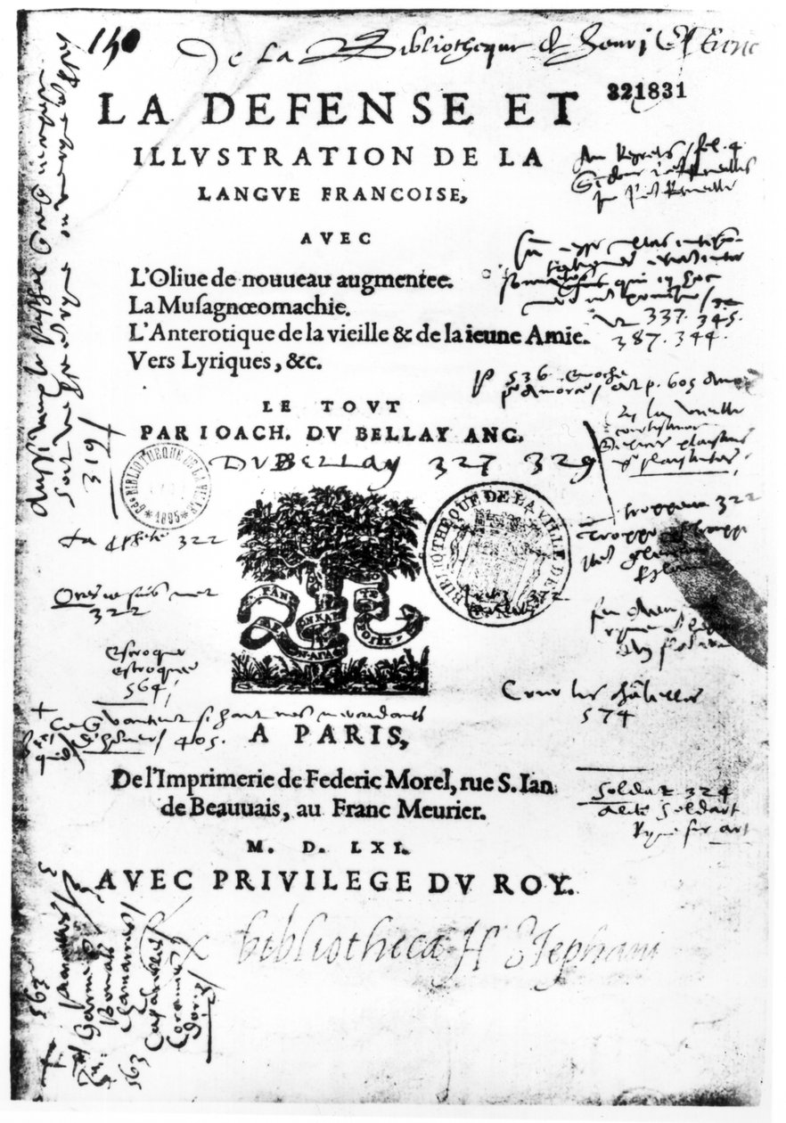 Frontispis knihy La Defense et Illustration de la Langue Francaise od Joachima du Bellay, vytištěné Federicem Morelem v Paříži roku 1561 (potištěný papír perem a tuší) od French School