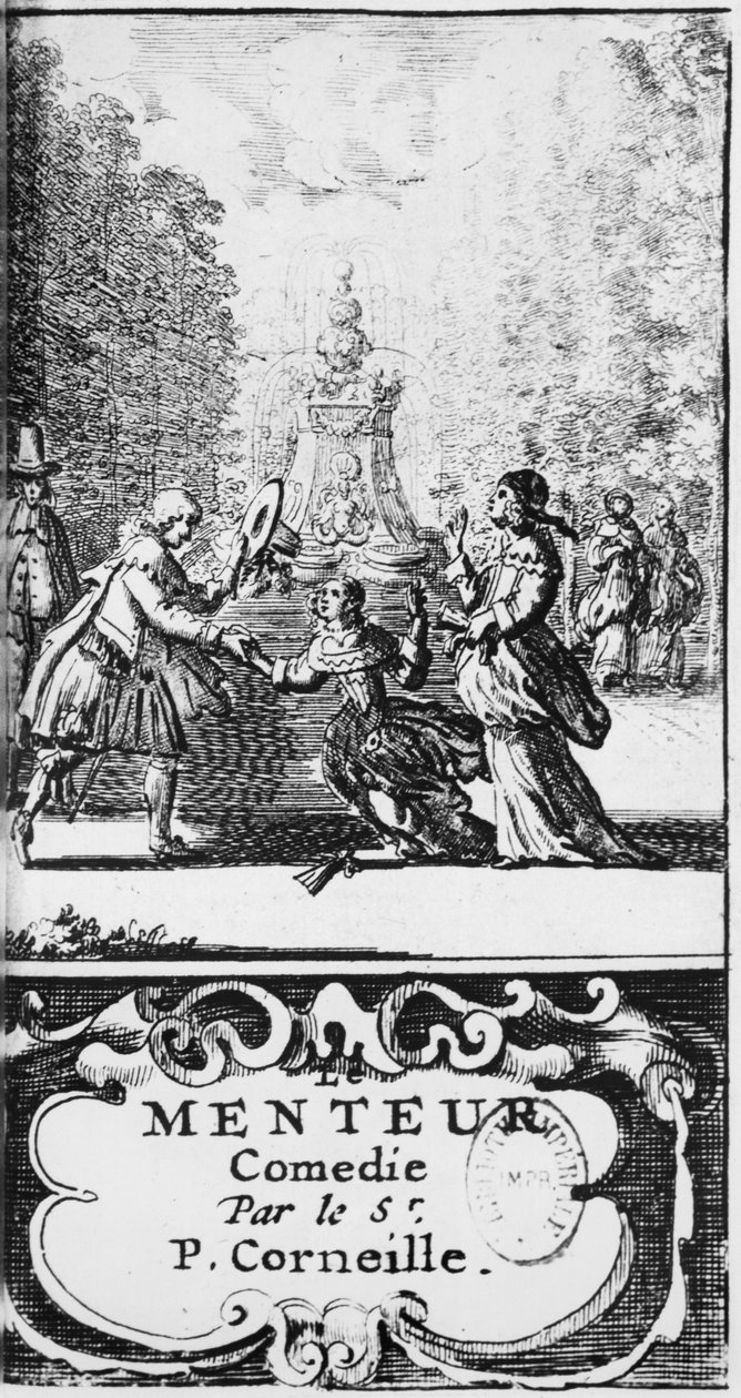 Frontispiece of Le Menteur od Pierra Corneille (1606-84) vydaný v roce 1664, Amsterdam od French School