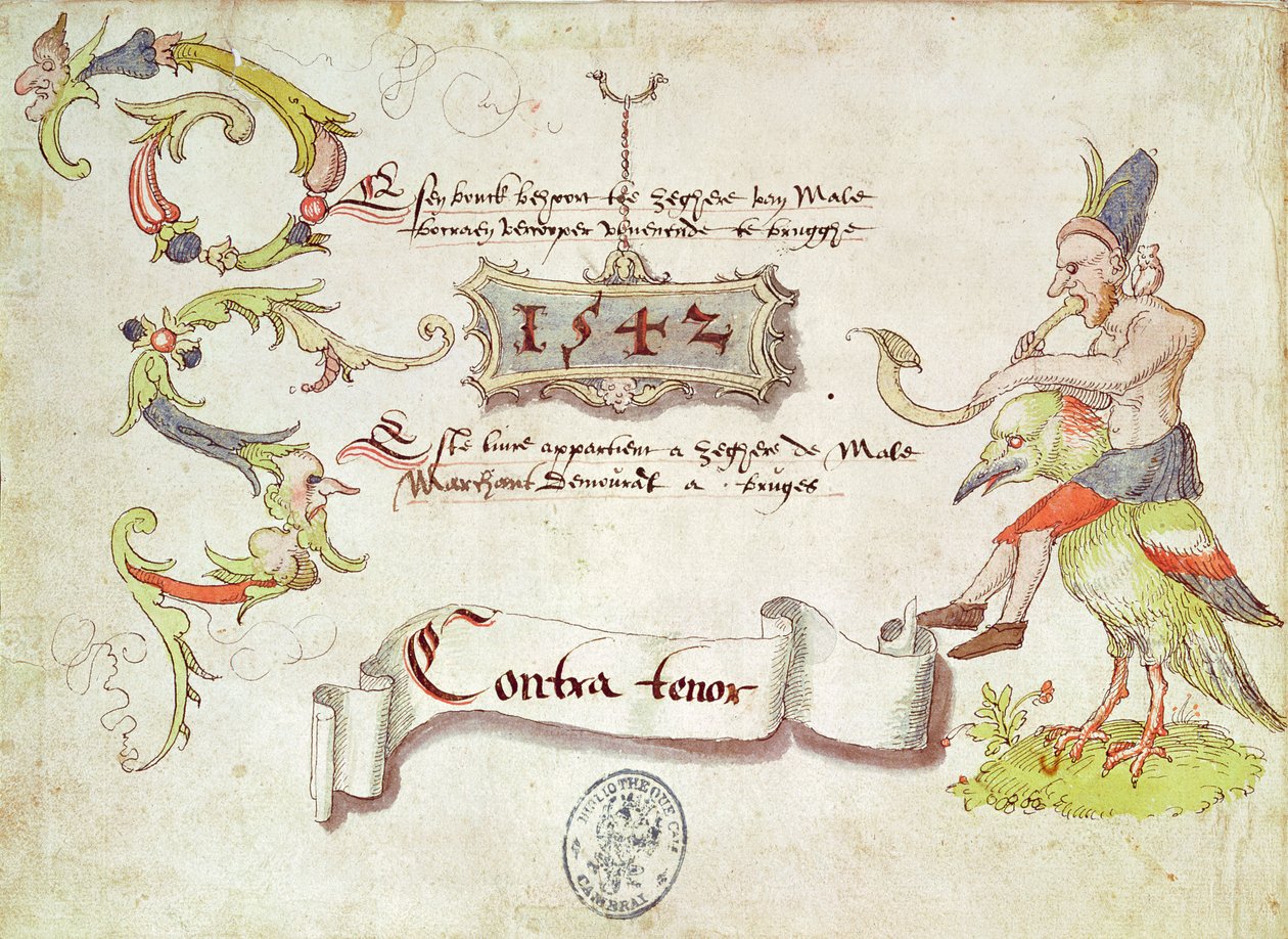 Frontispis Recueil de chants religieux et profanes II zobrazující muže hrajícího na zakřivený dechový nástroj, jízdu na ptákovi, kontratenorový part, 1542 od French School