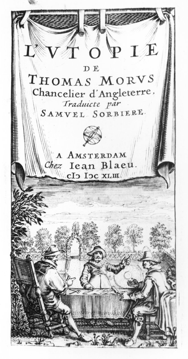 Frontispis Utopie Thomase Morea (1478-1535), kancléře Anglie, přeložil Samuel Sorbiere, pub. Jan Blaeu († 1673) v Amsterdamu, 1643 od French School
