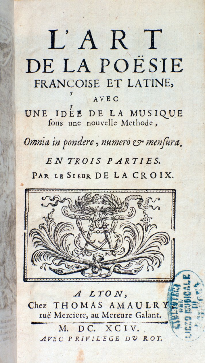 Frontispis Umění francouzské a latinské poezie s myšlenkou hudby podle nové metody od Pherotee La Croix od French School