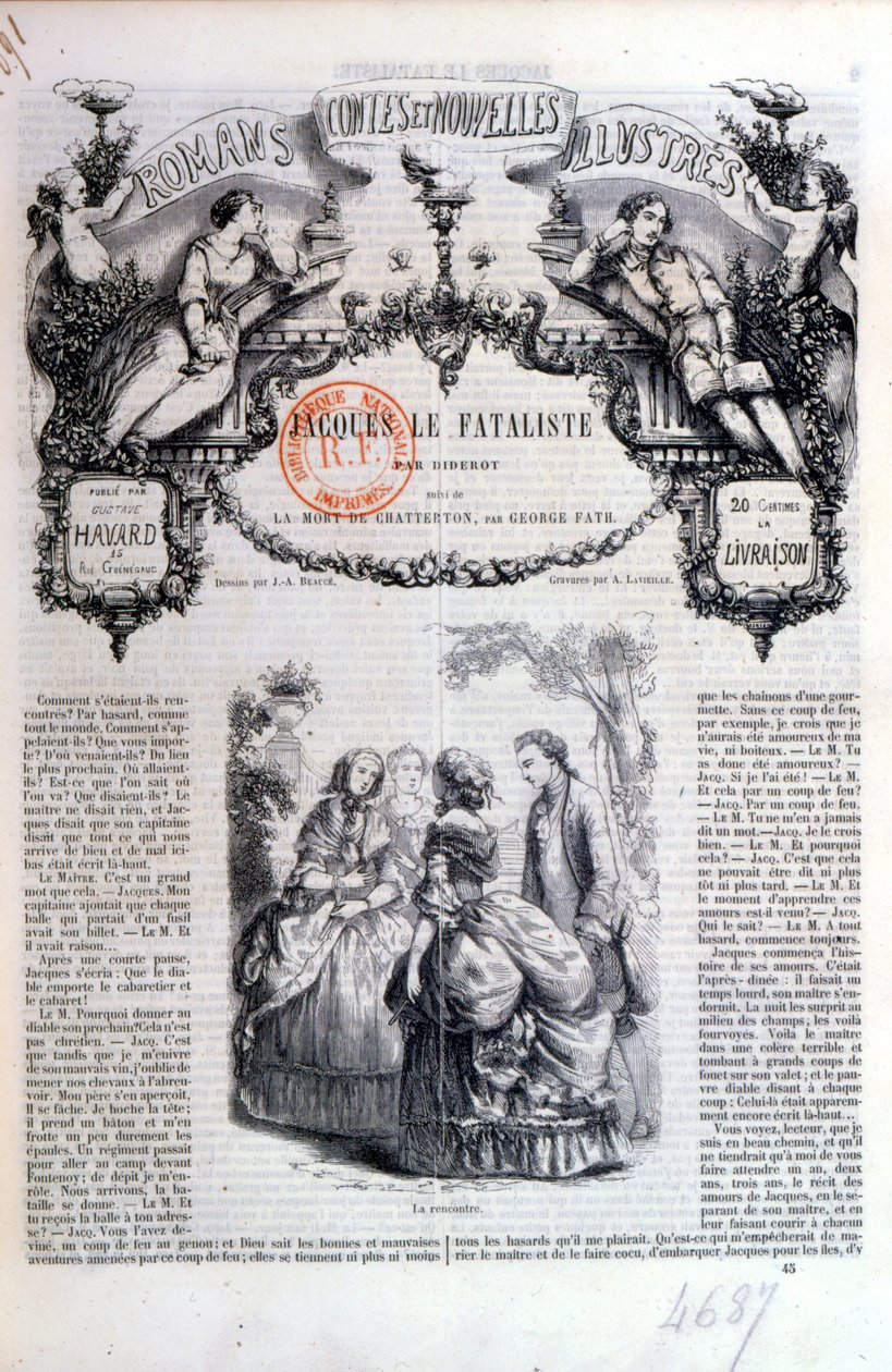 Frontispis Diderotovy sbírky románů a povídek s Jacquesem le Fataliste, vydané v Paříži v roce 1849. od French School