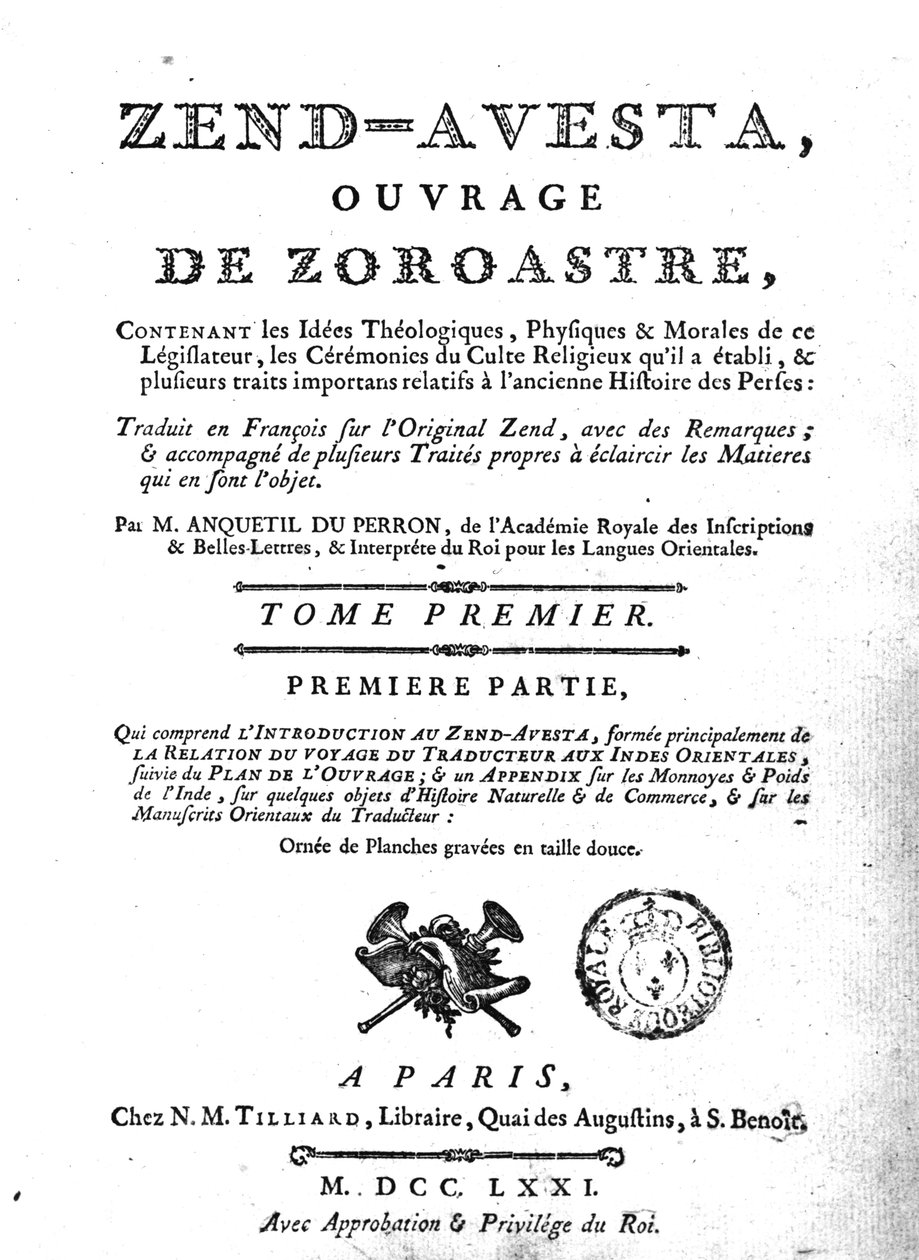 Frontispis vydání Zend Avesta, 1771 od French School