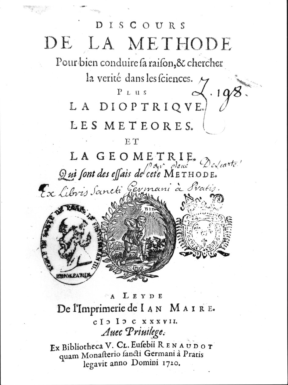 Frontispis of the Discours de la Methode následovaný La Dioptrique, Les Meteores et La Geometrie od René Descartese (1596-1650), poprvé publikovaný v Leidenu v roce 1637 od French School