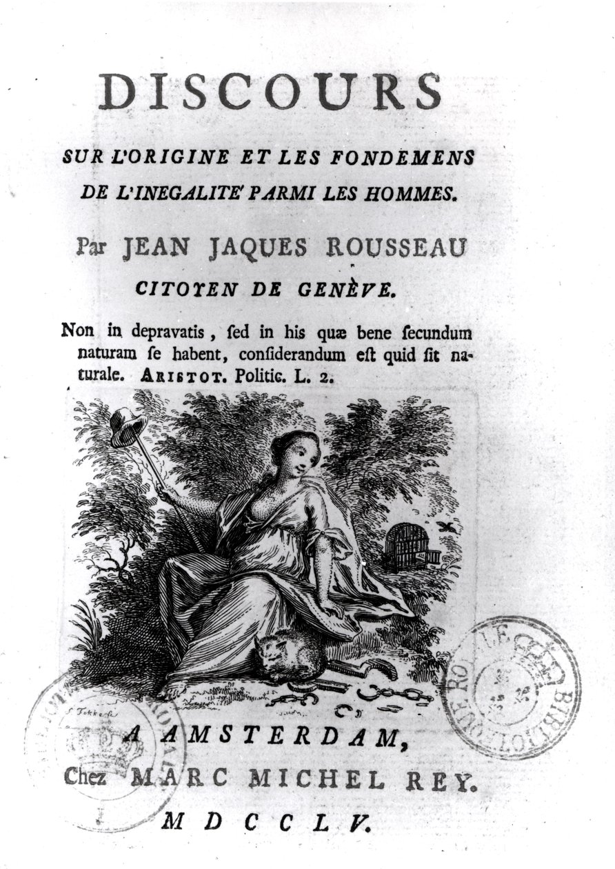 Frontispis k diskurzu o původu a základech nerovnosti mezi muži Jean-Jacques Rousseau (1712-78) kolem 1755 od French School