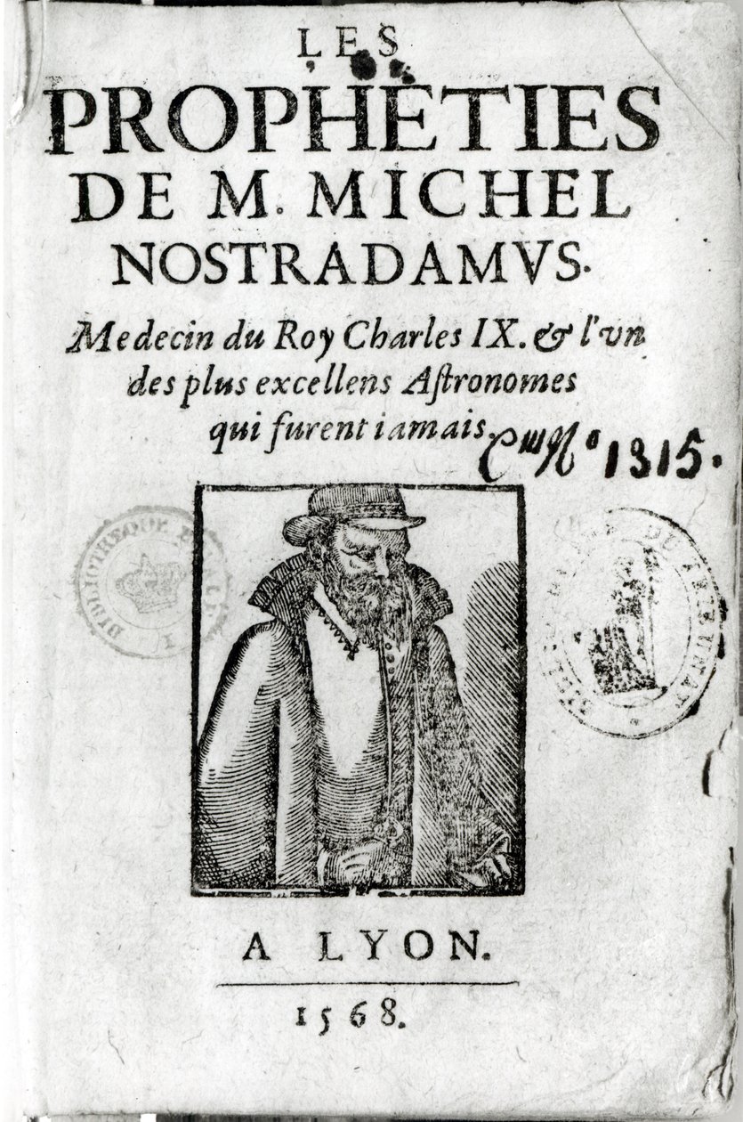 Frontispis k Les Propheties de M. Michel de Nostradamus (1503-66), s portrétem Nostradama, vydaný v Lyonu 1568 od French School