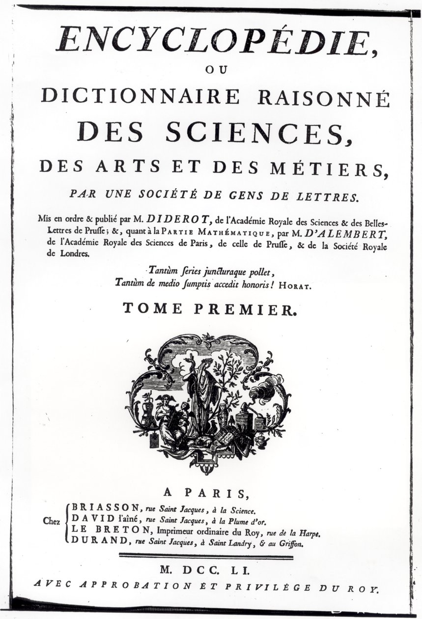 Frontispis k The Encyclopedia of Science, Art and Engineering od Denise Diderota (1713-84) vydaný v Paříži, 1751 od French School